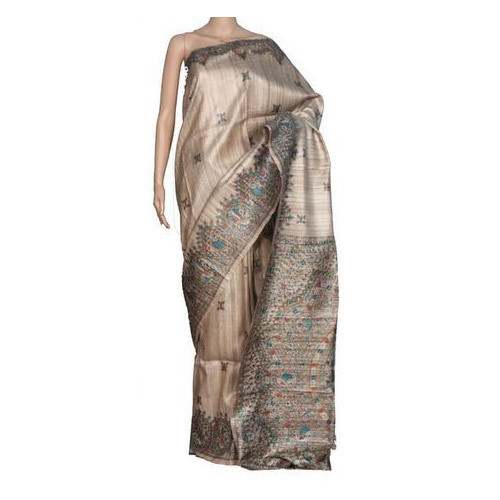 Party wear Beige color Mix Tussar Saree 