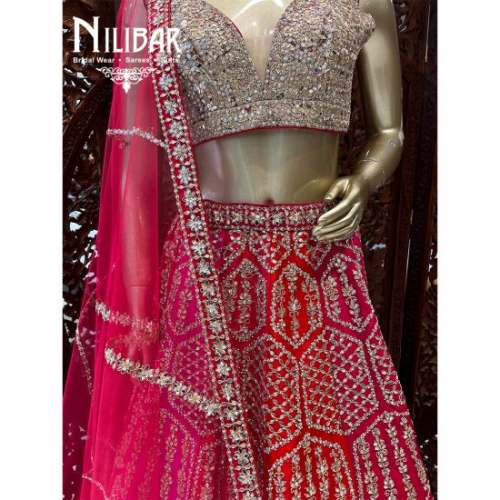 Hot Pink Silk Bridal Lehenga embellished Lehenga by Nilibar