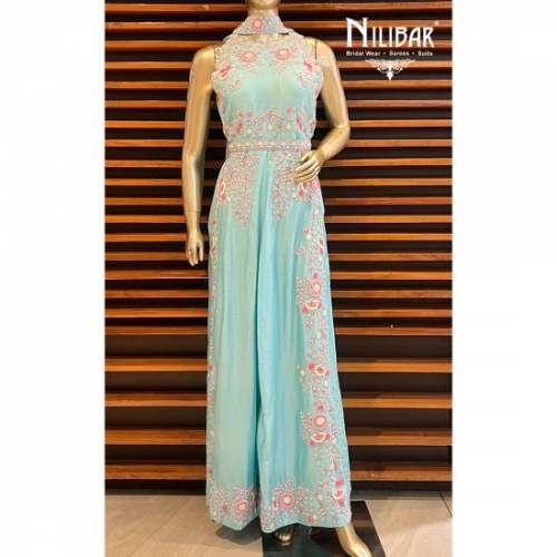 Sky Blue Silk Jumpsuit embellished with Thread