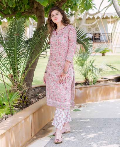 Peach Color Block Printed Kurti  by MissPrint