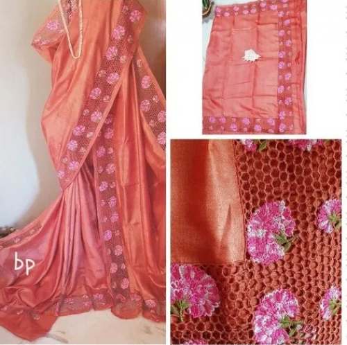 Elegant Orange Cut Work Tussar Silk Saree  by Kheya Collections