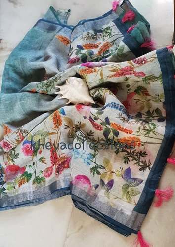 Flowery Digital Printed Linen Saree by Kheya Collections