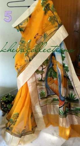 Mustard Yellow Supernet Printed Saree  by Kheya Collections