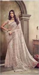 Beige Embroidered Net Saree