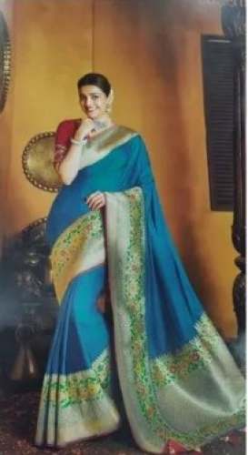 Plain Blue Silk Banarasi Border Saree