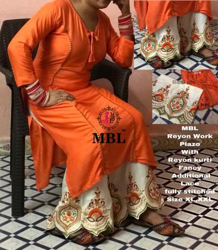 Rayon kurti with embrodery work plazo by Harshit Creation