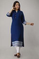 Women's Solid Rayon Calf Length Blue Kurta