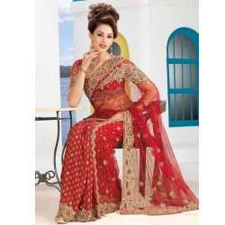Heavy work Bridal red Embroidered Saree