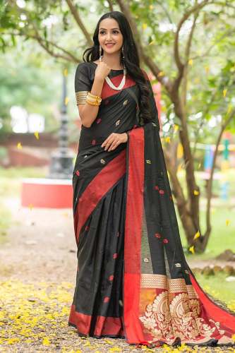 BLACK COTTON SAREE AND RESHAM WOVEN CONTRAST PALLU