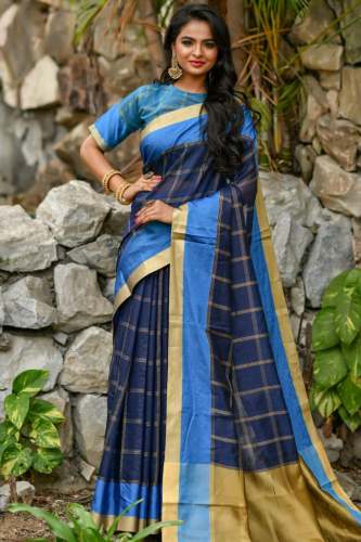 Blue chanderi cotton-weaving saree zari border﻿