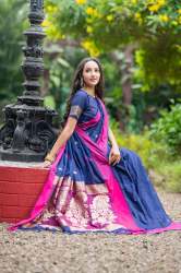 BLUE COTTON SAREE WITH RESHAM WOVEN CONTRAST PALLU