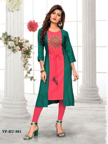 EMBROIDERED RAYON GREEN AND PINK  STYLIST KURTIS