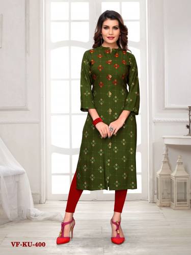 EMBROIDERED RAYON MAHENDI GREEN STYLIST KURTIS