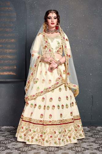 EMBROIDERY SILK CREAM  LEHENGHA CHOLI  