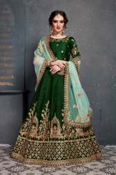 EMBROIDERY SILK DARK GREEN  LEHENGHA CHOLI 