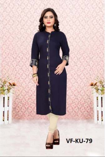 FANCY NAVY-BLUE EMBROIDERED RAYON KURTI