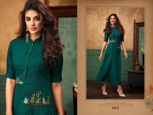 Green Designer Cotton Kurti With Embroidery Work﻿