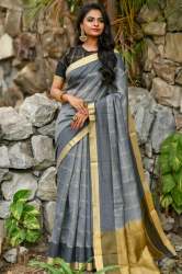Grey chanderi cotton-weaving saree zari borderï»¿