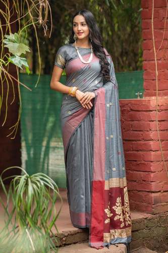 GREY COTTON SAREE WITH RESHAM WOVEN CONTRAST PALLU