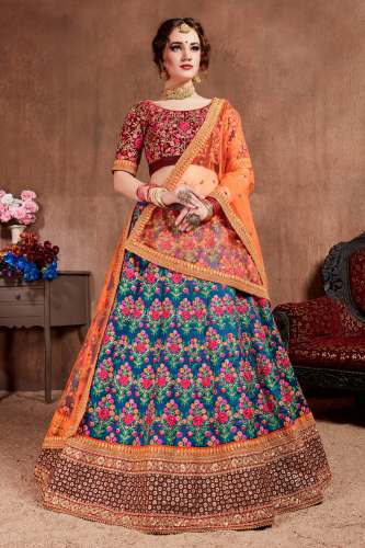 Navy Blue Mulberry Silk Wedding Lehenga Choli