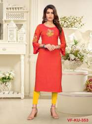 PRINTED ORANGE RAYON  FANCY KURTI