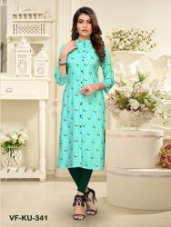 PRINTED SKY BLUE RAYON FANCY KURTIS