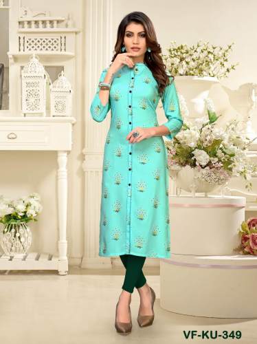 PRINTED SKYBLUE RAYON FANCY KURTI