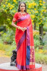 RED COTTON SAREE WITH RESHAM WOVEN CONTRAST PALLU