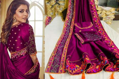 Vichitra Silk Wine Embroidery Work Saree