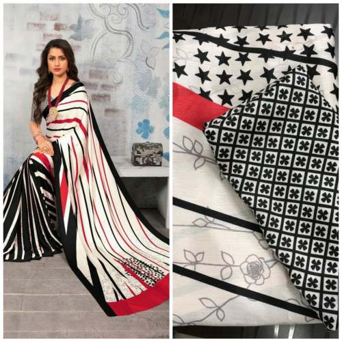 White & Black Heavy Digital print Silk Saree