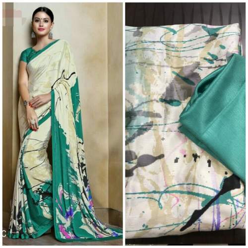 White & Rama Heavy Digital print Silk Saree