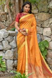 Yellow  chanderi cotton-weaving saree zari border