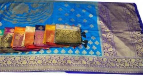 Sky Blue Banarasi Silk Golden Work Zari Weaving Saree by Krishna Sarees